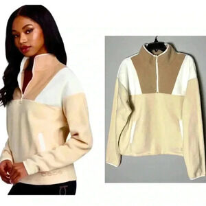 Bebe 1/4 Zip Women Size Large Fleece Sport Jacket Logo Cream Tan Colorblock